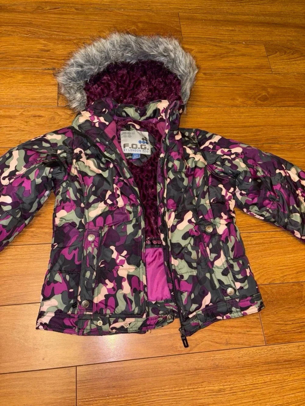 Y2K Purple and green camo coat with faux fur hood